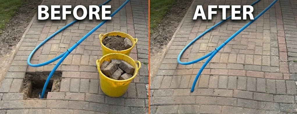 Before and after trenchless moling installation in Manchester
